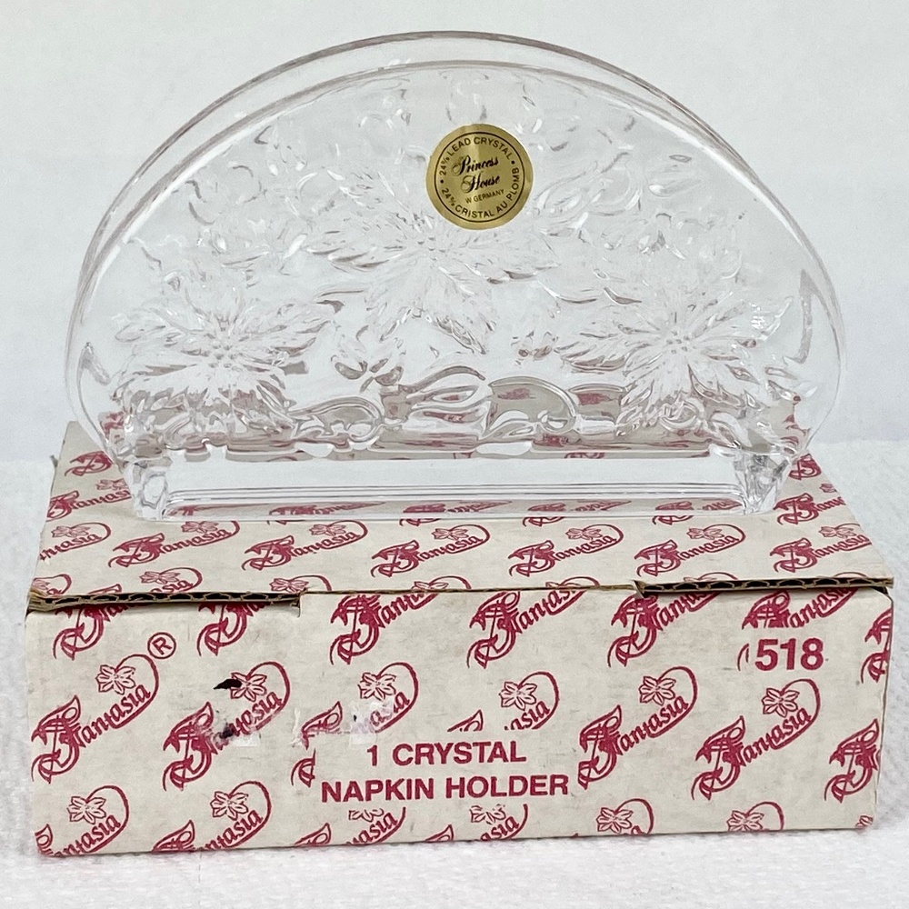 NEW Princess House Lead Crystal NAPKIN HOLDER Fantasia Poinsettia Christmas 518
